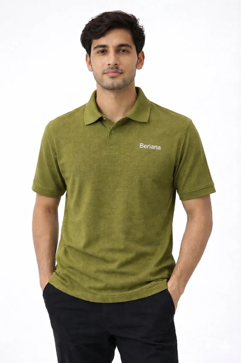 OLIVE COLOUR - WAFFLE KNIT TEXTURED POLO