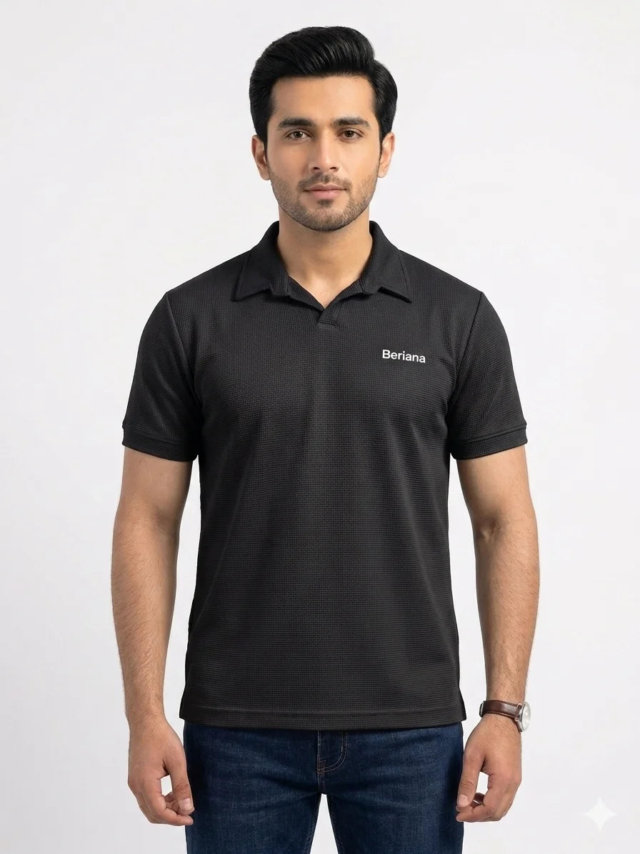 BLACK COLOUR - WAFFLE KNIT TEXTURED POLO