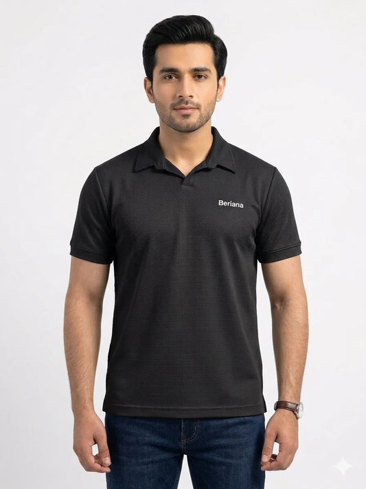BLACK COLOUR - WAFFLE KNIT TEXTURED POLO