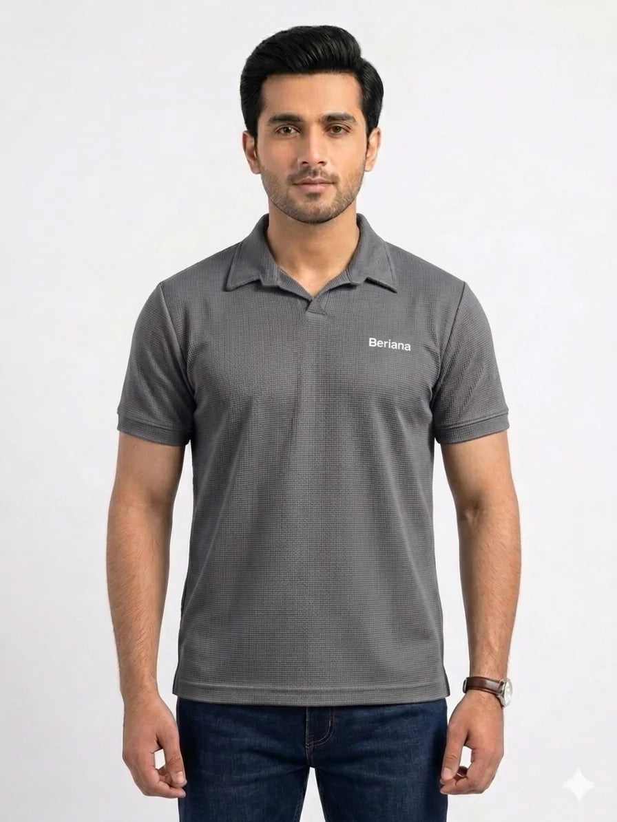 GREY COLOUR - WAFFLE KNIT TEXTURED POLO